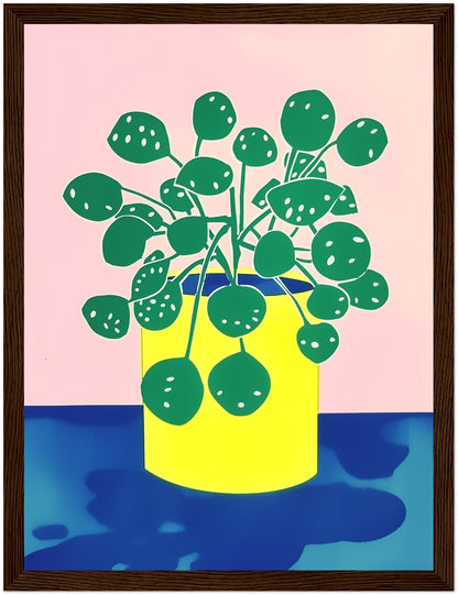 Stylized illustration of a potted plant with green leaves in a yellow pot against a pink background.