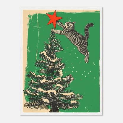 Illustration of a cat jumping towards a Christmas tree to reach a red star on top.