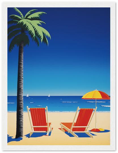 Illustration of two beach chairs under an umbrella by a palm tree with the ocean in the background.