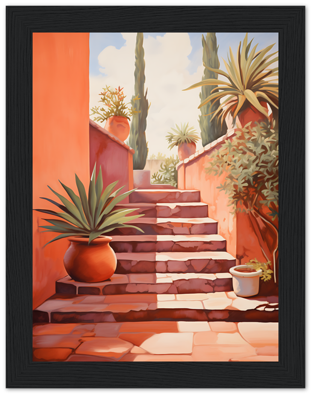 A framed painting of a sunlit stairway with potted plants, leading to an arched entrance.