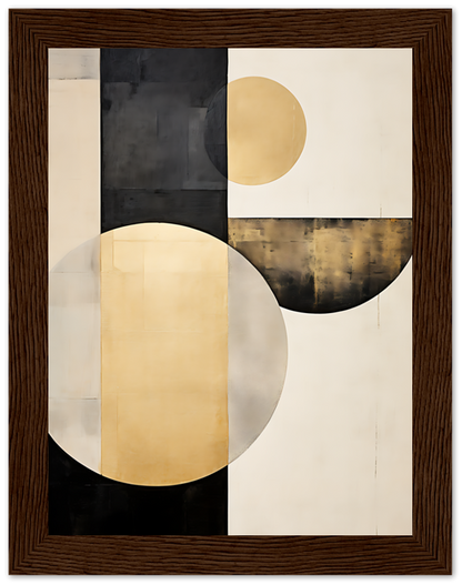 Abstract geometric painting with circles and squares in muted tones, framed in wood.