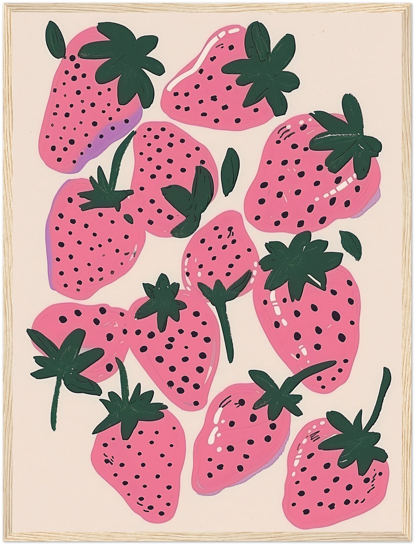 Illustration of stylized pink strawberries with black seeds and green leaves on a light background.