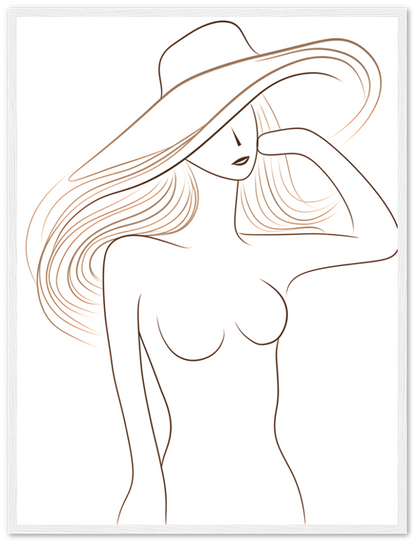 An illustrated portrait of a stylish woman in a large-brimmed hat within a wooden frame.