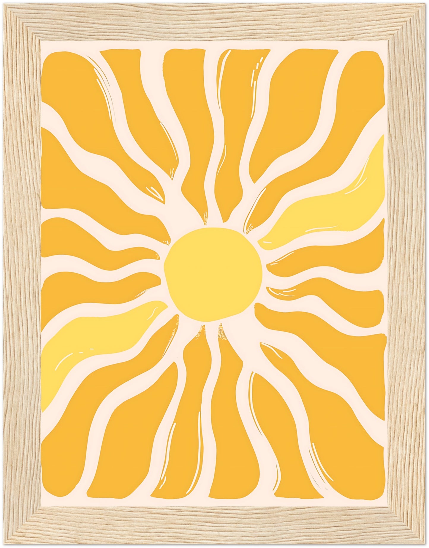 Abstract sunburst pattern with yellow and white rays on a framed canvas.