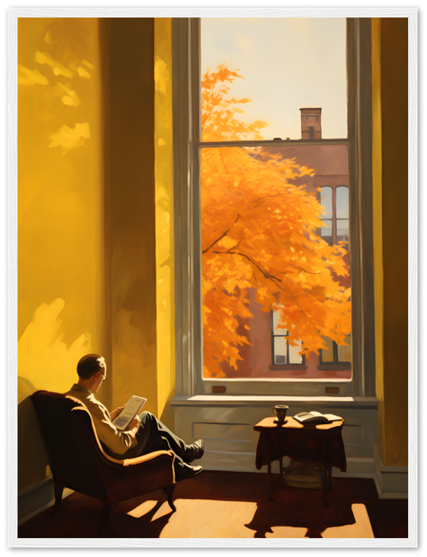 A person reading by a window with a view of autumn leaves.