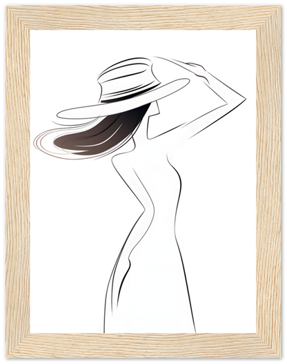 An elegant illustration of a woman in a dress and wide-brimmed hat within a wooden frame.
