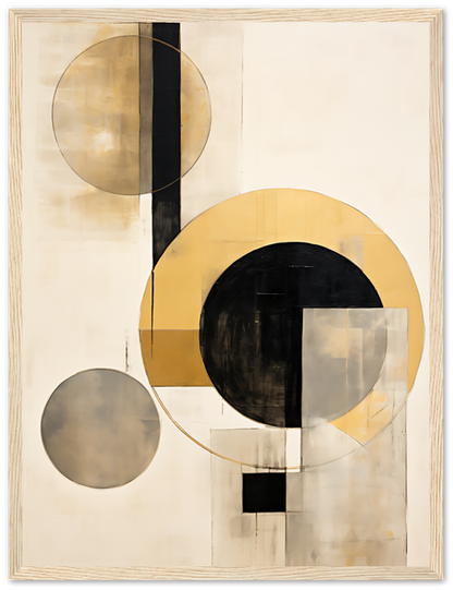 An abstract painting featuring geometric shapes with circles and squares in a neutral color palette.