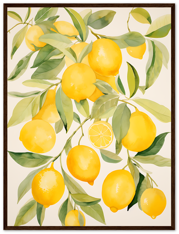 A framed watercolor painting of yellow lemons on leafy branches.