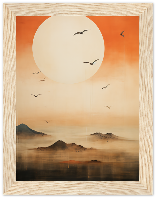 A painting of birds flying over misty mountains with a large sun, framed on a wall.