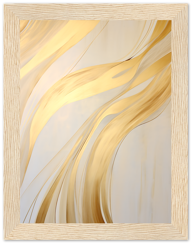 Abstract golden swirls in a wooden frame against a pale background.