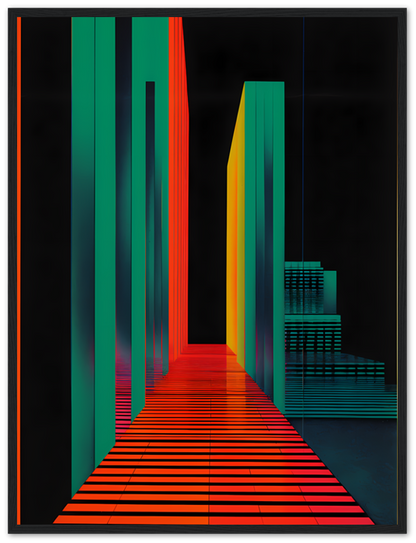 Abstract digital artwork featuring colorful geometric shapes forming a corridor perspective.