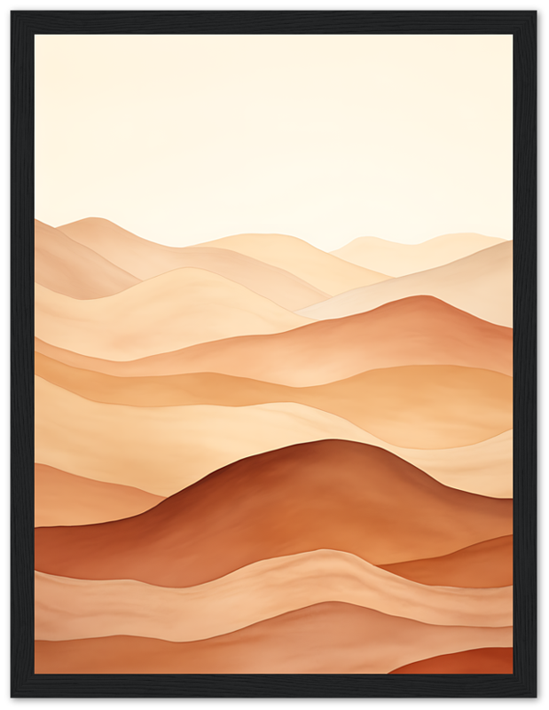 A framed illustration of stylized, wavy desert dunes in warm hues.