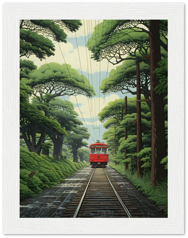 A framed digital illustration of a red tram on a tree-lined track.