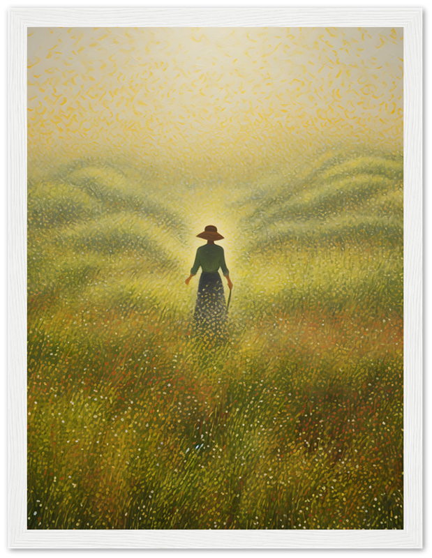 A painting of a person standing in a golden field with tall grass, framed with a dark wood border.