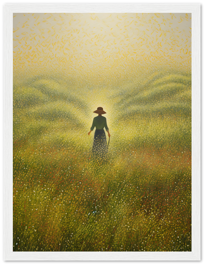 A painting of a person standing in a golden field with tall grass, framed with a dark wood border.