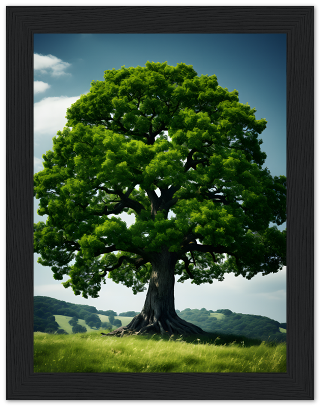 Alt: A vibrant green tree in a wooden frame, with rolling hills in the background.