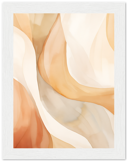 Modern abstract art with soft curves in warm tones, finished with a white frame.