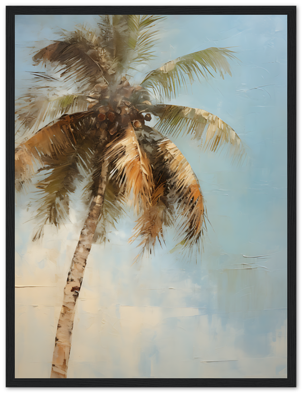 A framed painting of a palm tree against a serene sky.