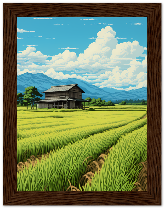 Illustration of a traditional wooden house amidst vibrant rice fields with mountains and clouds in the background.