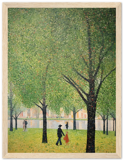 Impressionist painting of people strolling through a tree-lined park.