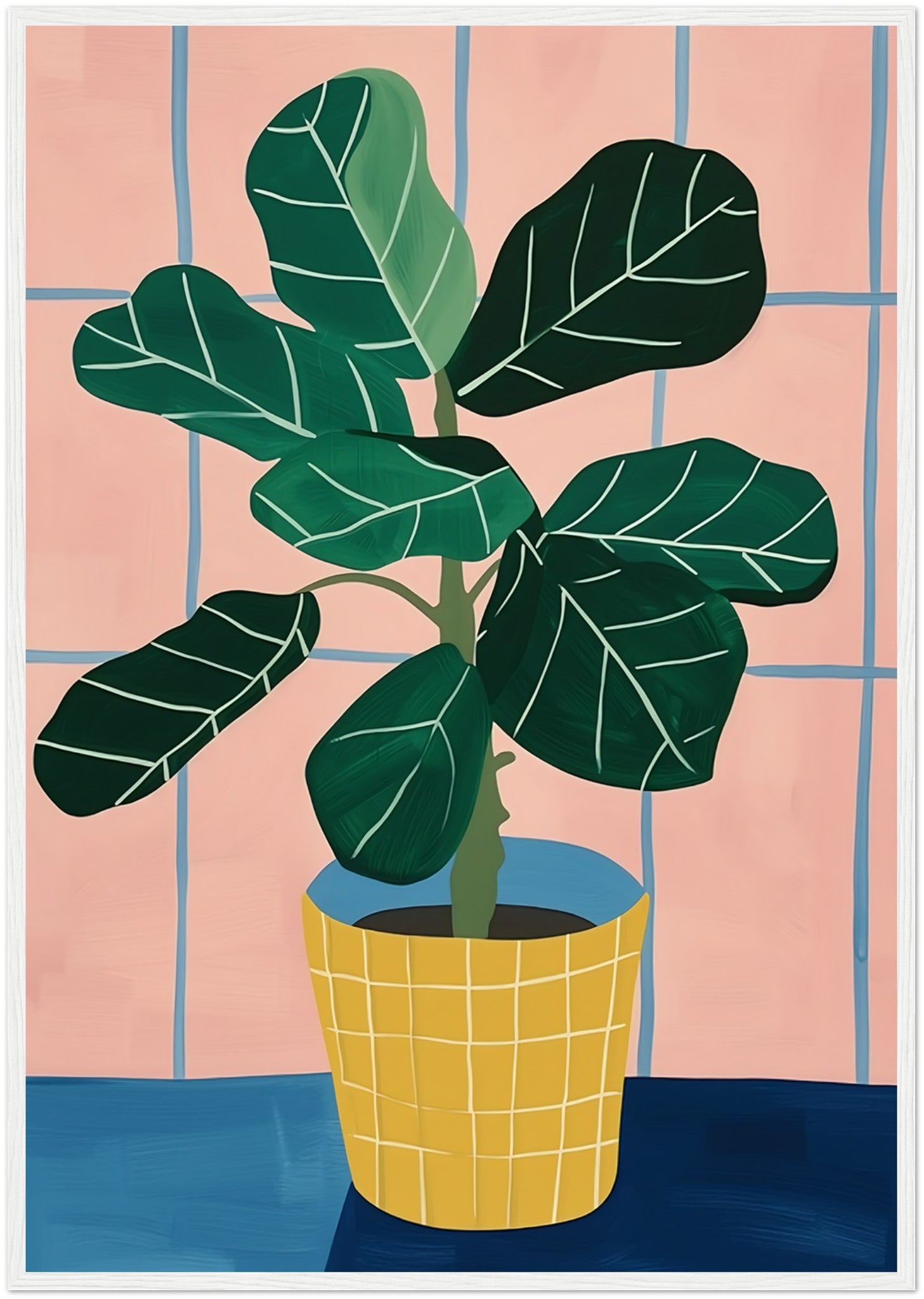 Illustration of a potted plant with large green leaves against a pink grid background.