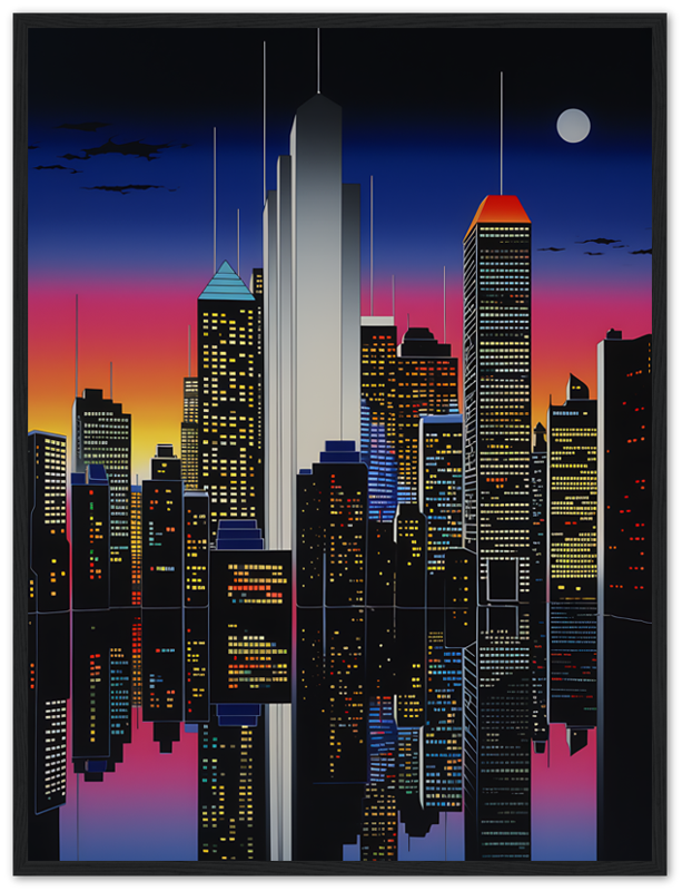 A stylized cityscape at night with illuminated buildings, framed as artwork.