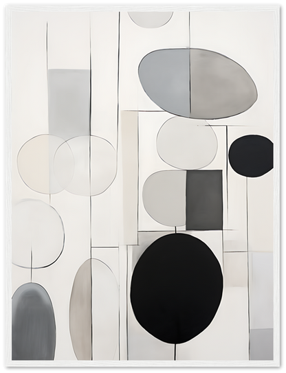 Monochrome abstract art featuring circles and rectangles with a white frame.