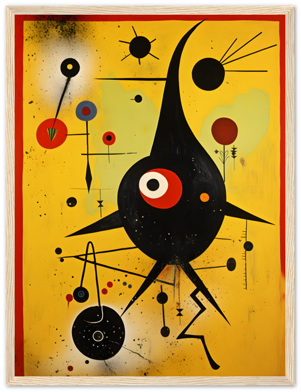 Colorful abstract painting with geometric shapes and a central black figure, reminiscent of Joan Miró's style.