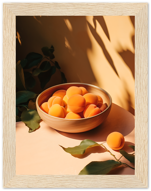 A bowl of apricots on a table with shadows of leaves, framed by a wooden frame.