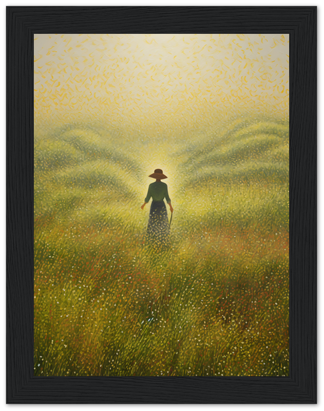 Person walking through a golden field with tall grass under a bright sky, framed with a dark border.