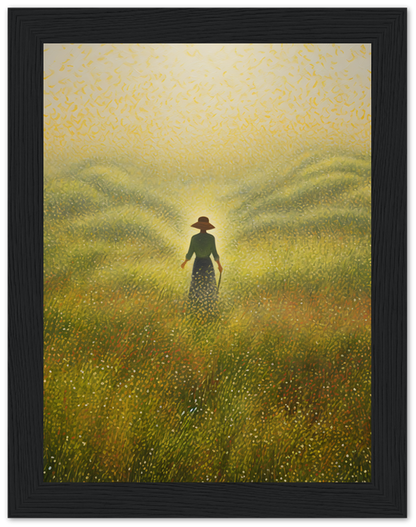 Person walking through a golden field with tall grass under a bright sky, framed with a dark border.