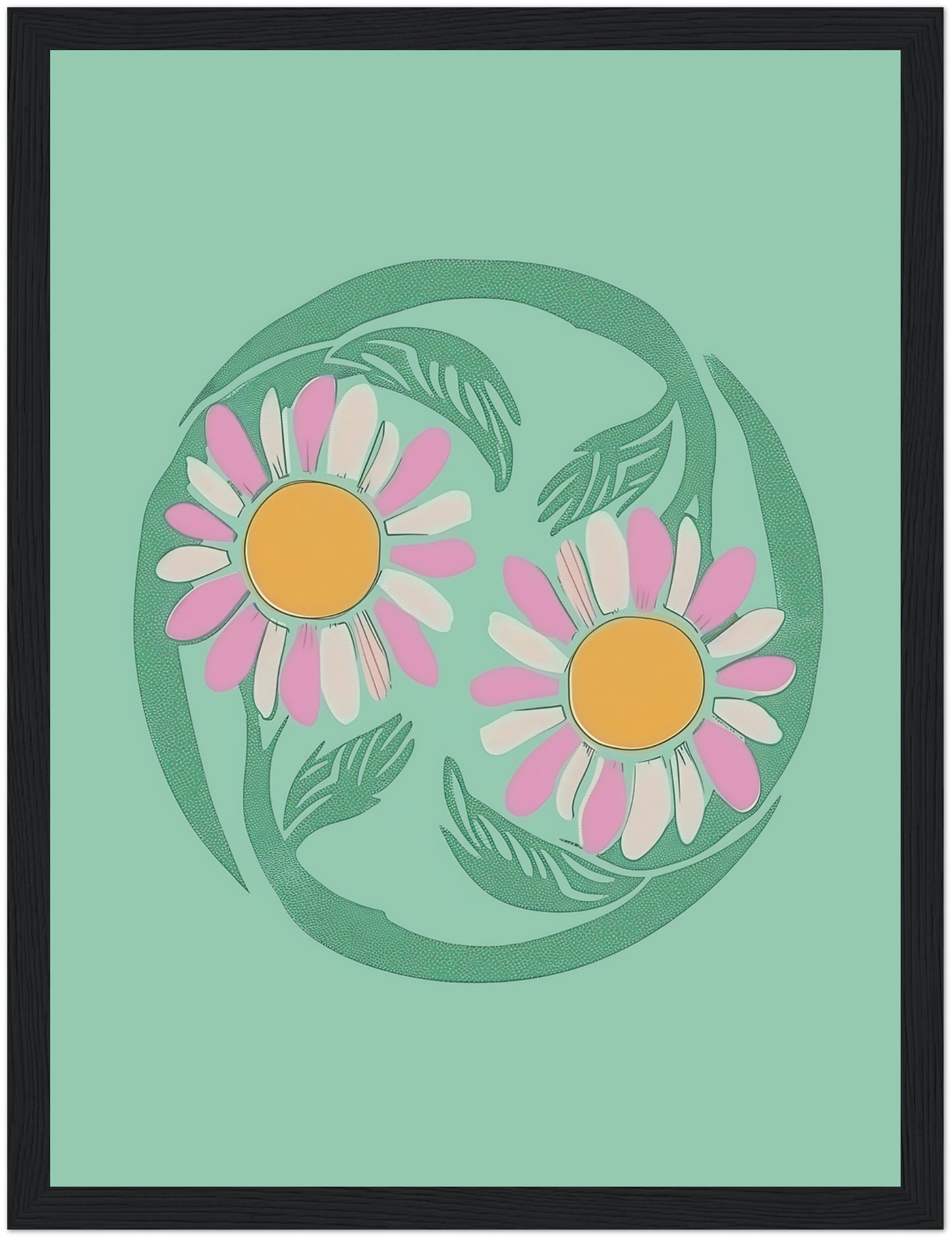 Stylized illustration of two daisies encircled by a green vine on a teal background with a brown frame.