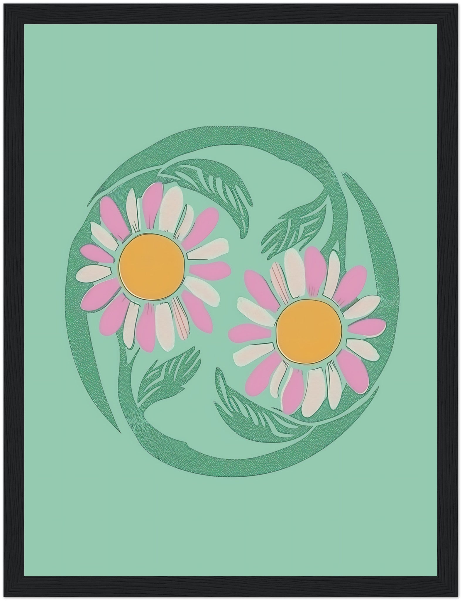 Stylized illustration of two daisies encircled by a green vine on a teal background with a brown frame.