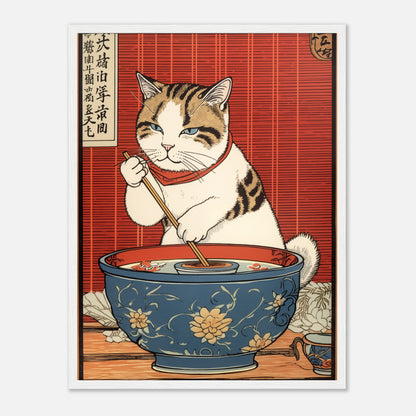 A traditional Japanese woodblock print of a cat eating from a bowl with chopsticks.