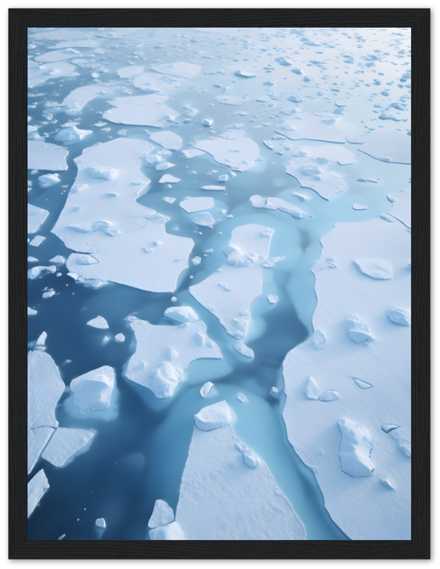 Framed aerial view of a fragmented ice sheet on blue water.