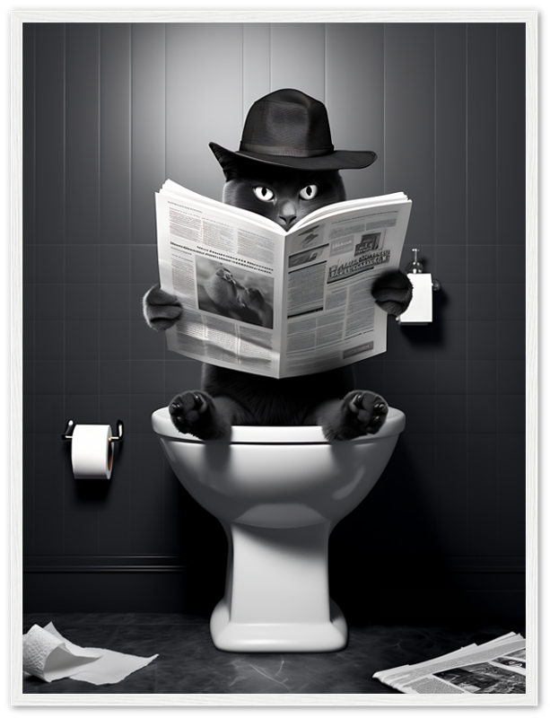 An anthropomorphic cat wearing a hat, reading a newspaper while sitting on a toilet.