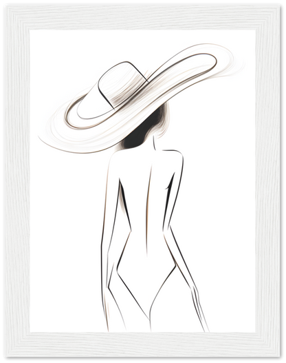 A stylized illustration of a woman in a hat, viewed from the back, framed as artwork.