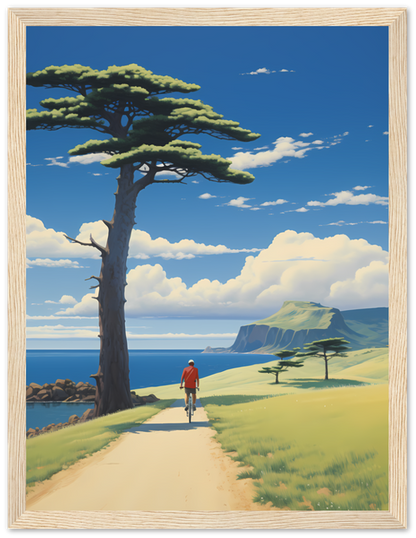 A person walking on a path by the sea with a tree and cliffs in the background, framed as a painting.