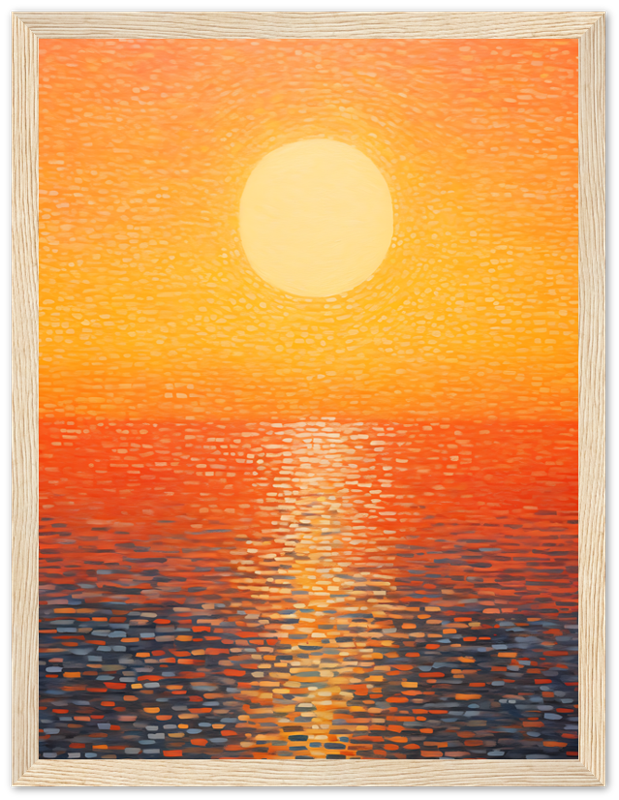 Sunset with vibrant orange hues reflected over water, framed wall art.