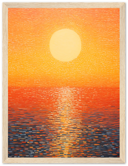 Sunset with vibrant orange hues reflected over water, framed wall art.