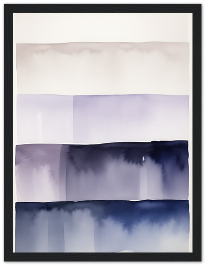 An abstract watercolor painting with various shades of blue, framed in wood.