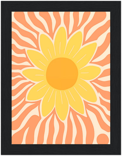 A framed artwork featuring an abstract, stylized sunflower in warm shades of yellow and orange.