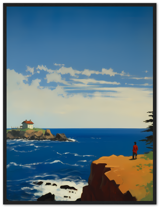 A framed digital painting of a coastal scene with cliffs, a house, and a solitary figure looking at the sea.