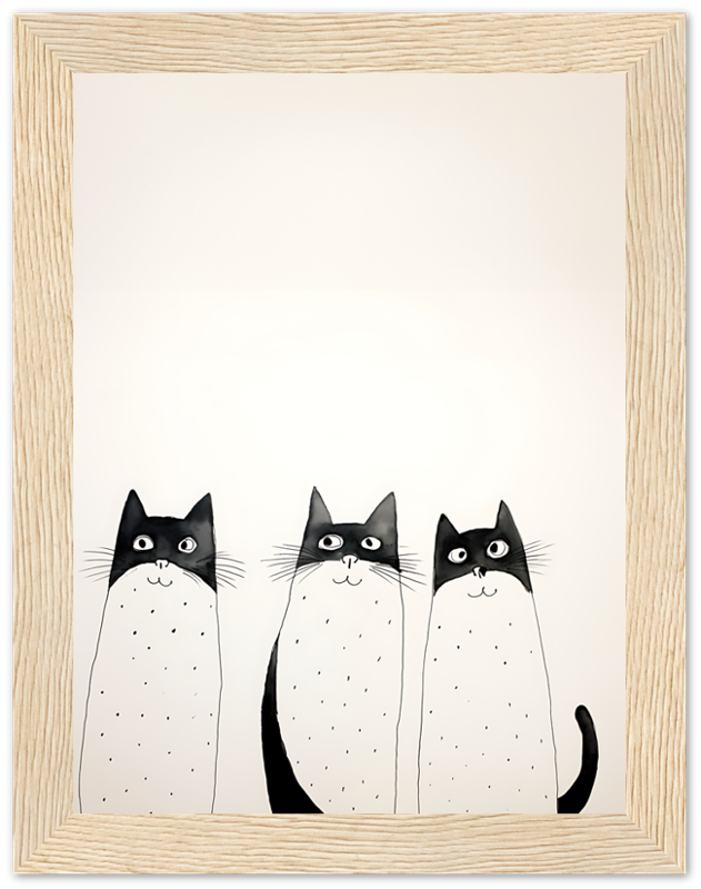 Three cartoon cats with black and white fur standing side by side inside a wooden frame.