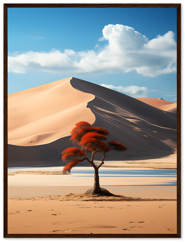 A framed painting of a solitary tree with red foliage in a desert with sand dunes and a blue sky.