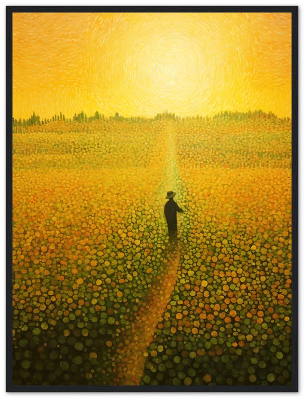 A person walking on a path through a field of flowers under a swirling sun.