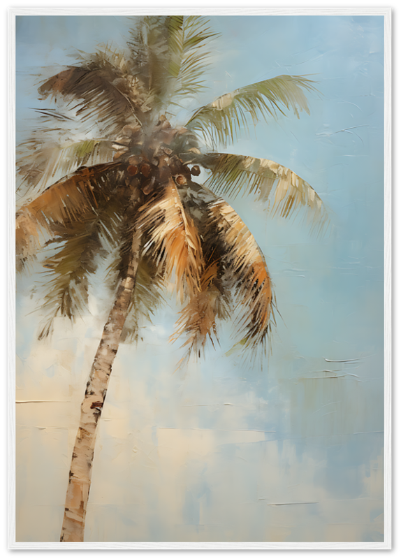 Painting of a palm tree framed with a wooden border.