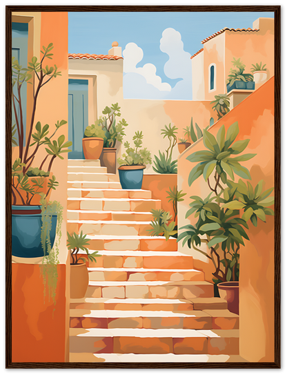 A colorful illustration of a sunny Mediterranean-style stairway flanked by potted plants and buildings.