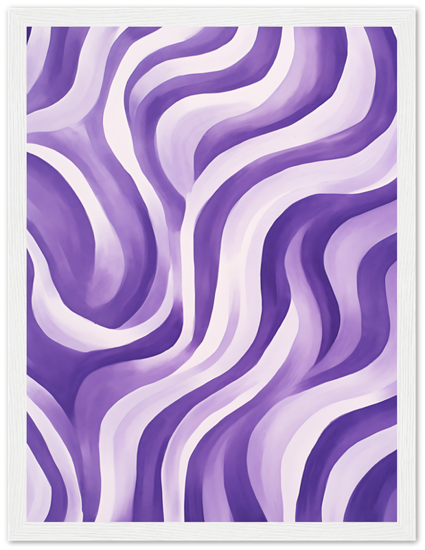 Abstract purple and white wavy pattern painting with a white frame.