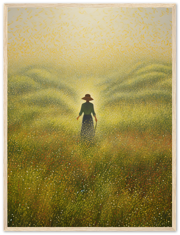 Painting of a person in a hat walking through a sunlit golden wheat field.